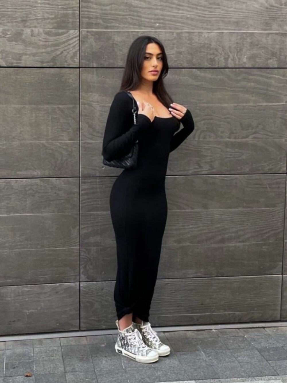 Skims Soft Lounge Long Sleeve Scoop Neck Ribbed Maxi Dress Small Onyx Black